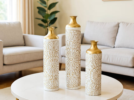 3 Piece Home Decoration Large Glazed Floor Vase Decoration Home Droplet Shaped - Gold / White