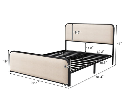 Modern Bed With Curved Upholstered Headboard And Footboard, Heavy Duty Metal Slats