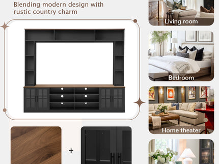 Wall Unit Entertainment Center With Bookshelves For TVs Up To 80", Tempered Glass Doors And Adjustable Shelves