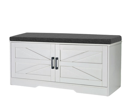 2 Tier Shoe Bench With Padded Seat, 2 Barn Doors And Adjustable Shelves, For Entryway And Living Room - White