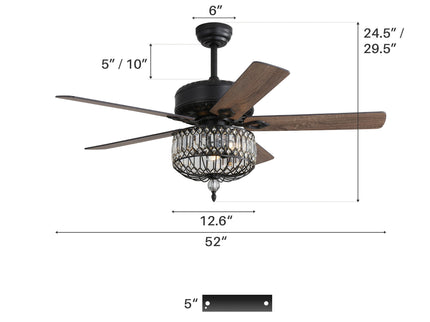 Ceiling Fan With Crystal Lampshade, 5 Blades, DC Motor, 6 Speed Remote Control, 1 / 4 / 8 Hour Timer - Black