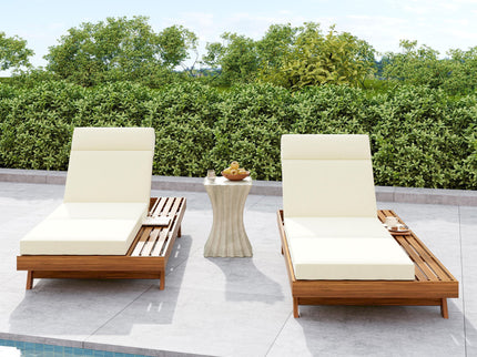 Acacia Wood Lounge Chaise Set With Headrest And Water Resistant Cushions - Beige