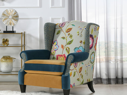 Anya - Boho Chic Wingback Accent Arm Chair - Floral / Leopard / Blue Teal / Yellow Gold