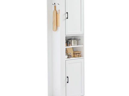 Tall Freestanding Bathroom Storage Cabinet With Adjustable Shelves And Side Hooks Board, Rectangle Design