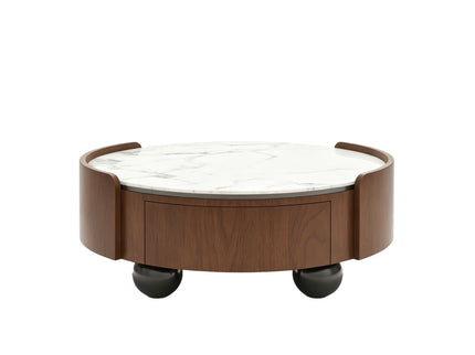 Round Coffee Table With Ball Feet, Dual Storage Drawers For Living Room - Walnut Brown