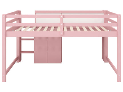 Low Loft Bed With Built In Desk, Storage Cabinets, Open Bookcase And Doodle board