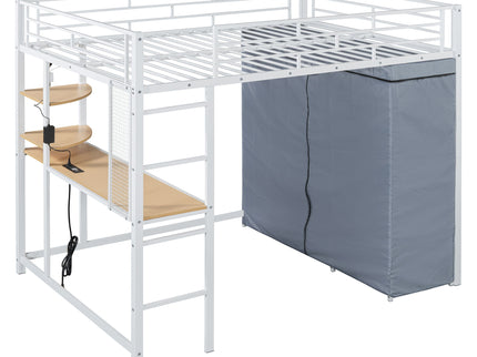 Loft Bed With Desk, Shelves, Power Outlet, LED Light And Wardrobe