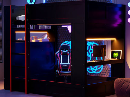 Full Size Gaming Bunk Bed With Desk, Storage Shelves, LED And Charging Station - Black