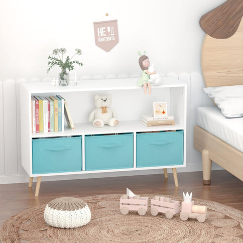 Bookcase With Collapsible Drawers, Book Display Storage Cabinet Organizer - White / Blue