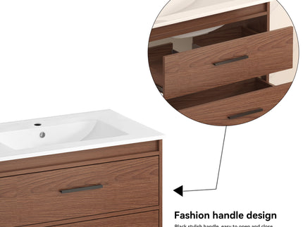 Wall Mounting Bathroom Vanity With Soft Close 2 Drawer, Sink - Reddish Brown