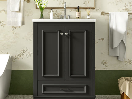 Bathroom Vanity With Ceramic Sink Combo, Modern Freestanding Storage Cabinet With Silver Handles