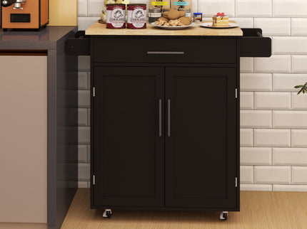 Black Kitchen Island Cart with 1 Drawer, 2-Door Cabinet & Adjustable Shelving – Solid Rubberwood Countertop