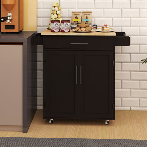 Black Kitchen Island Cart with 1 Drawer, 2-Door Cabinet & Adjustable Shelving – Solid Rubberwood Countertop