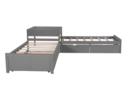 L Shaped Platform Bed With Trundle And Drawers Linked With Built In Desk