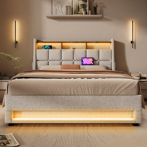 Platform Bed With Hydraulic Storage, LED Lighting & Charging Station