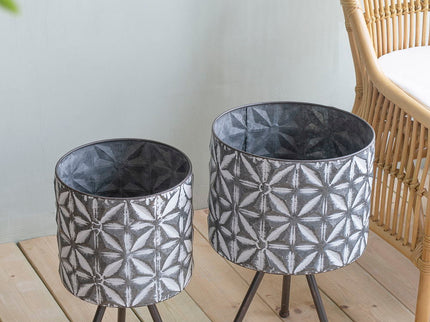 Metal Planter Stand, Round Galvanized Farmhouse Planter (Set of 2) - Gray
