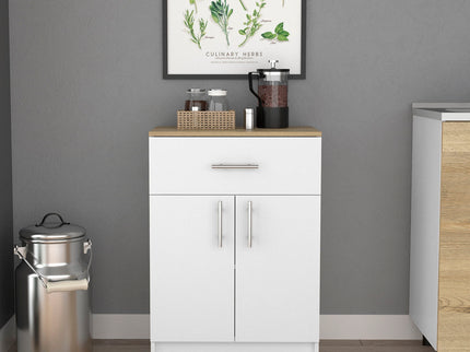 Pantry Organizer Cabinet One Drawer, Two Interior Shelves, Two Doors - White / Light Oak