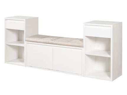 Entryway Storage Bench With Cushion, Drawers & Open Shelves