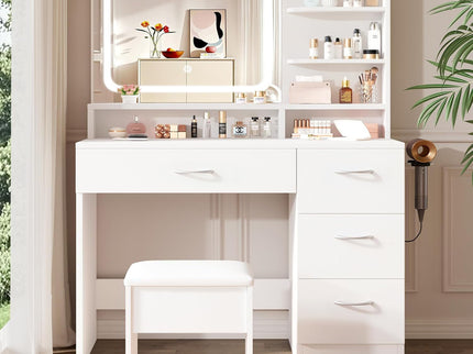 Vanity With LED Mirror And Storage Drawers For Bedrooms - Cream White
