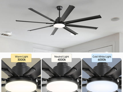 72" Large Design Ceiling Fan With Smart Remote Control, 6 Wind Speed DC Motor For Living Room - Black