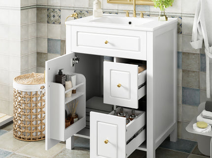Elegant Bathroom Vanity With Ceramic Sink, Soft Close Doors And Drawers, Double Storage Racks