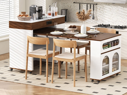 Extendable Dining Table With Folding Top, Rolling Kitchen Island With Drawers And Power Outlet