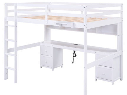 Loft Bed With Desk, Cabinets, Drawers, Charging Station And Bedside Tray