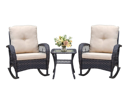 3 Pieces Conversation Set, Outdoor Wicker Rocker Patio Bistro Set, Rocking Chair With Glass Top Side Table - Brown / Beige