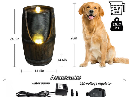 Rustic Barrel Water Fountain With LED Light