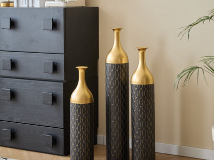 Elegant Floor Vase Set Metal Decorative Vases 3 Piece Set For Floral Display, Wedding & Gift Decor - Gold / Black