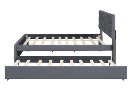 Upholstered Platform Bed With Brick Pattern Headboard And Twin Long Size Trundle