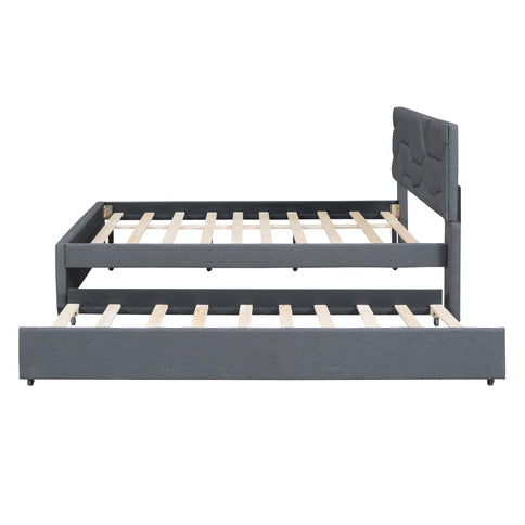 Upholstered Platform Bed With Brick Pattern Headboard And Twin Long Size Trundle