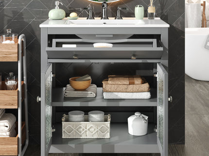 Bathroom Vanity With Ceramic Sink, Adjustable Shelf & Tip Out Tray