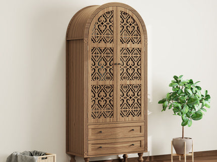 Tall Kitchen Pantry Cabinet With Hollow Carved Doors 2 Drawers And Adjustable Shelves Storage Display Cabinet For Kitchen Dining Room Or Living Room - Walnut