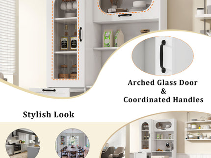 Tall Freestanding Kitchen Pantry Cabinet With Arched Glass Door