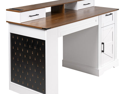 Office Desk With Storage Cabinet, Charging Station, Monitor Stand & Pegboard