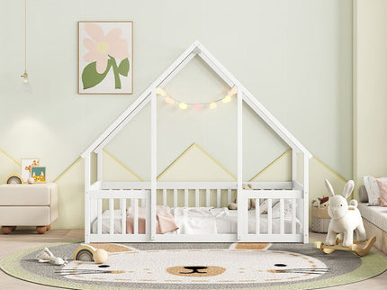 Wood House-Shaped Floor Bed With Fence, Guardrails