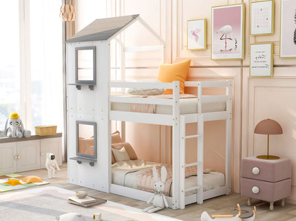 Bunk Bed Wood Bed & Roof, Window, Guardrail, Ladder