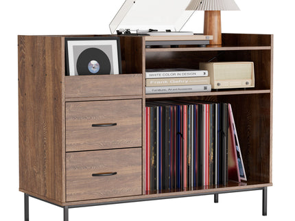 Eco-Friendly Vinyl Record Player Stand With Flip-Top Storage, Media Console With Dual Outlets And Dustproof Drawers