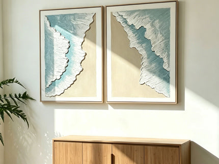 Framed Ocean Wave Wall Art, Textured Canvas Painting, Beach Decor For Living Room (Set of 2) - Aqua Blue