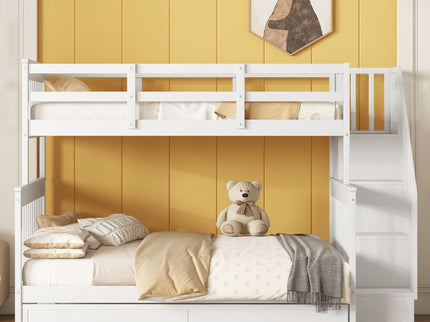 Bunk Bed With Twin Size Trundle, Storage And Guard Rail For Bedroom