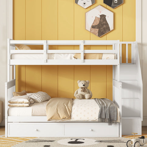 Bunk Bed With Twin Size Trundle, Storage And Guard Rail For Bedroom
