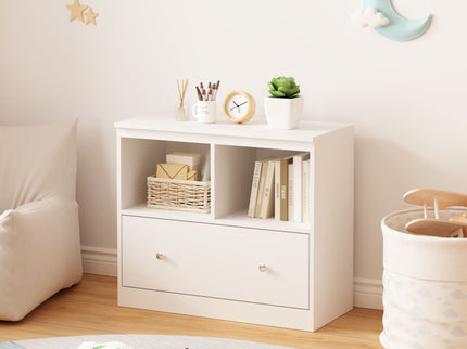 Toy Storage Organizer With Large Drawer And Low Bookshelf For Nursery & Playroom - White