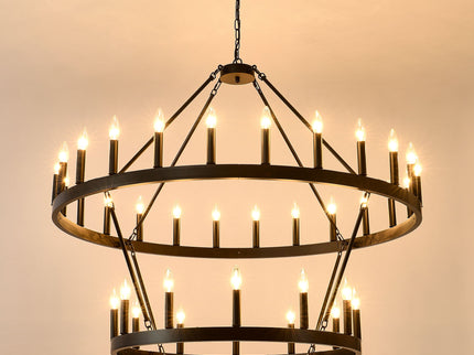 2 Tiers Wagon Wheel Chandelier Wooden Farmhouse 36 Light (24 / 12) Or (12 / 24) Metal Chandeliers 2 Story Light Fixtures Industrial For High Ceiling Living Dining Room Foyer, Adjustable Height - Black