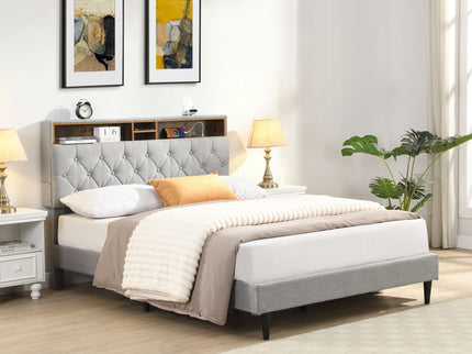 Modern Upholstered Platform Bed Frame With Button Tufted Headboard And USB Ports
