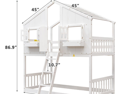 House Bunk Bed With Roof, Window, Window Box, Door, With Safety Guardrails And Ladder