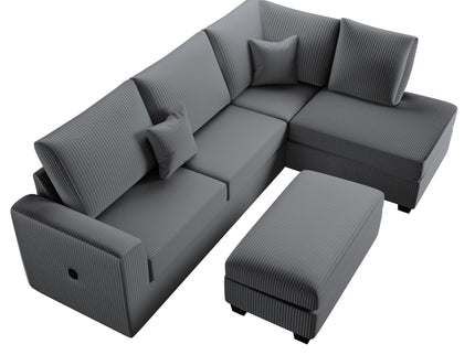 Modern Style Sectional Set With USB Port, Storage Ottoman