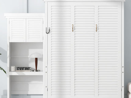 Queen Size Murphy Bed With Louvered Design And Multiple Storage Shelves - White