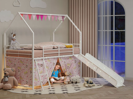 Jack - House Loft Bed With Slide And Curtain Set