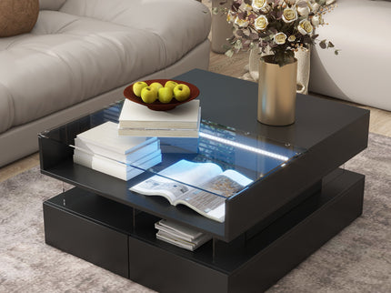 Lift Top Coffee Table With 2 Drawers, Hidden Space And LED Lights For Living Room
